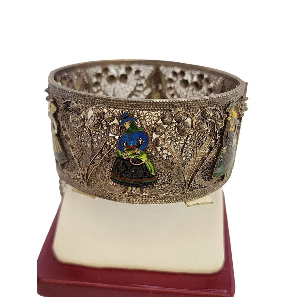 Vintage Portuguese Topazio Silver & Enamel Wide Hinged Bracelet (A3549)